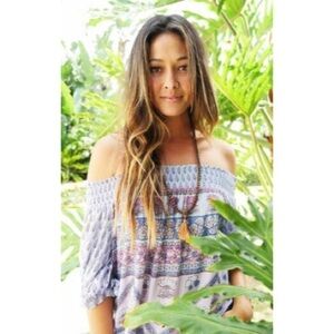 Blue Boheme Bella Multicolor Printed Smocked Off-The-Shoulder Rayon Top EUC OS